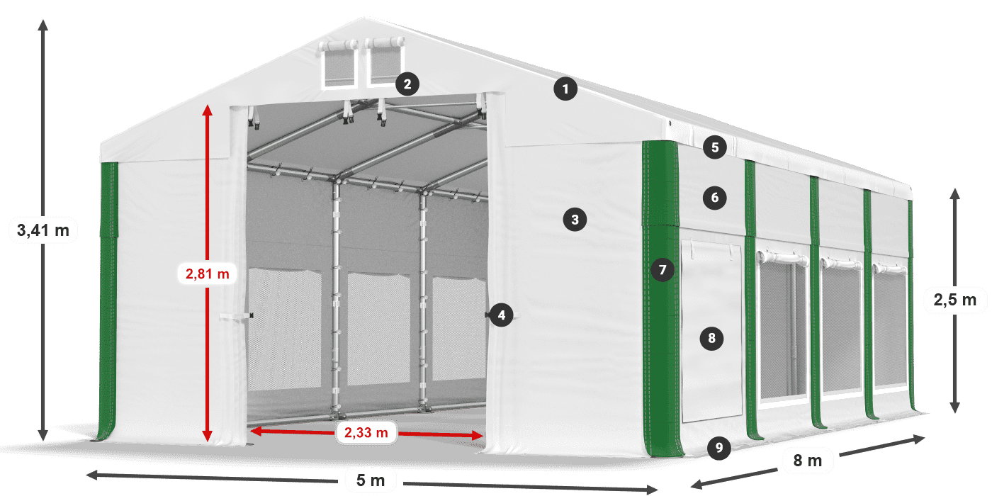 Střecha: MS 580 PVC Stěny: SD M 500 PVC 2,5 m legenda