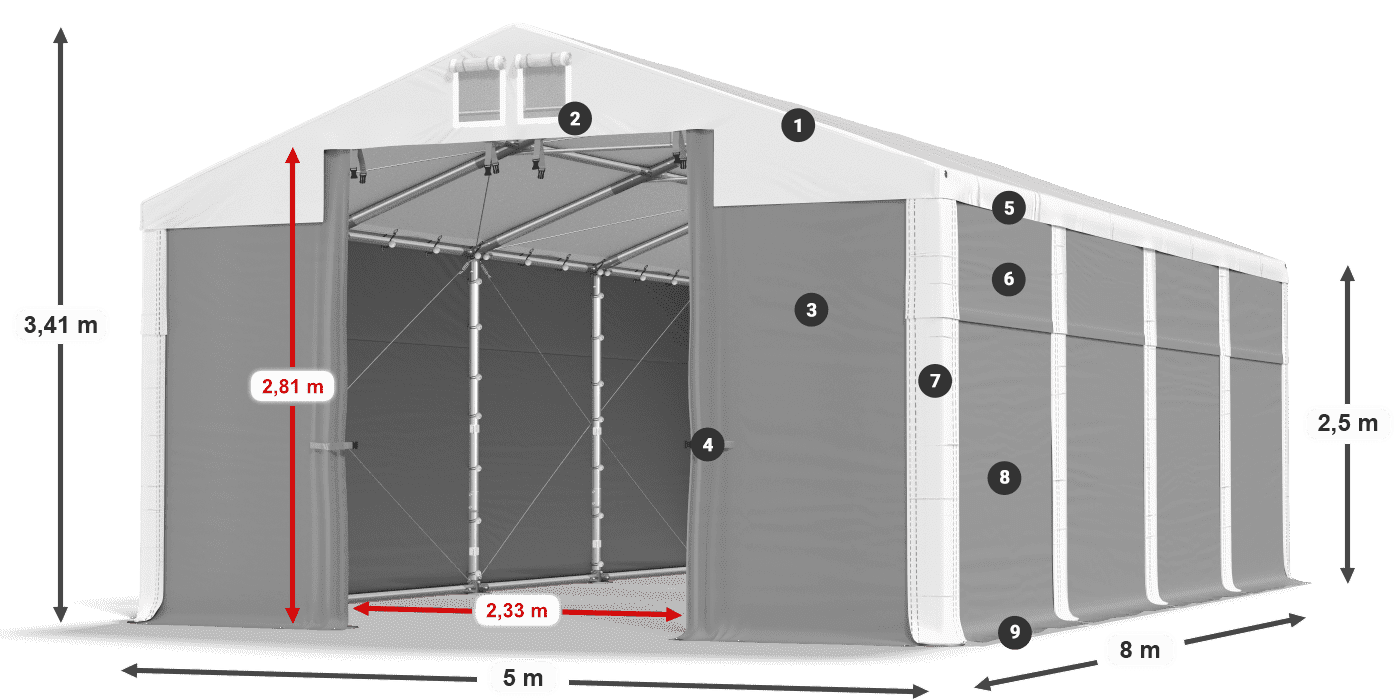 Střecha: MS 580 PVC Stěny: SD 500 PVC 2,5 m legenda