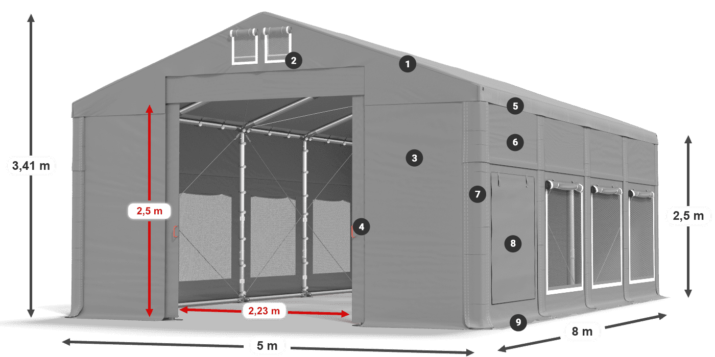Střecha: MS 580 PVC Stěny: SD M 500 PVC 2,5 m legenda