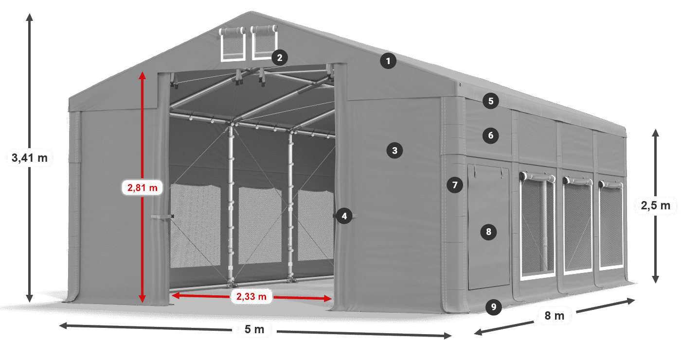 Střecha: MS 580 PVC Stěny: SD M 500 PVC 2,5 m legenda
