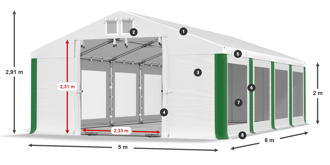 Střecha: FR 620 PVC Stěny: MS 580 PVC 2m legenda
