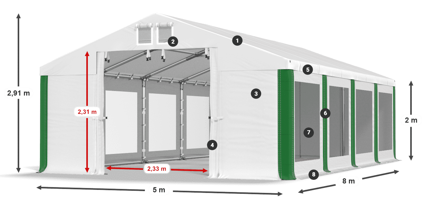 Střecha: FR 620 PVC Stěny: MS 580 PVC 2m legenda