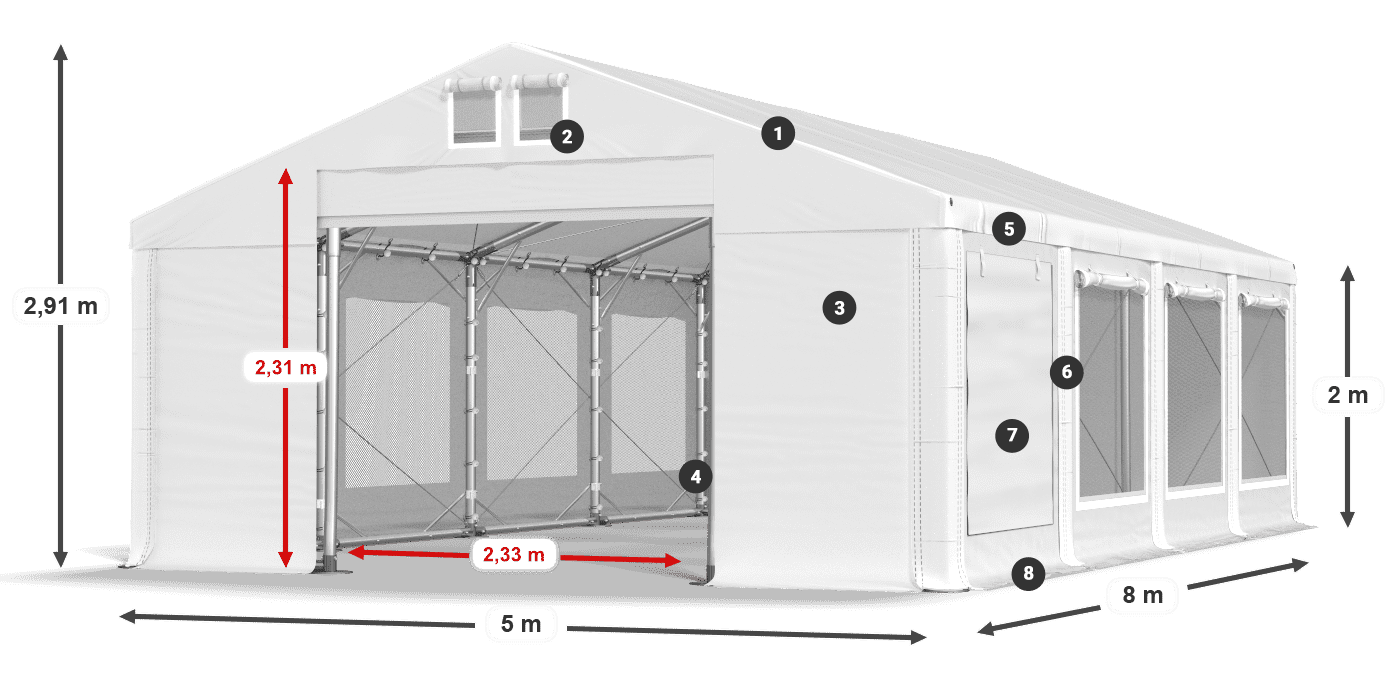 Střecha: FR 620 PVC Stěny: SD 500 PVC 2m legenda