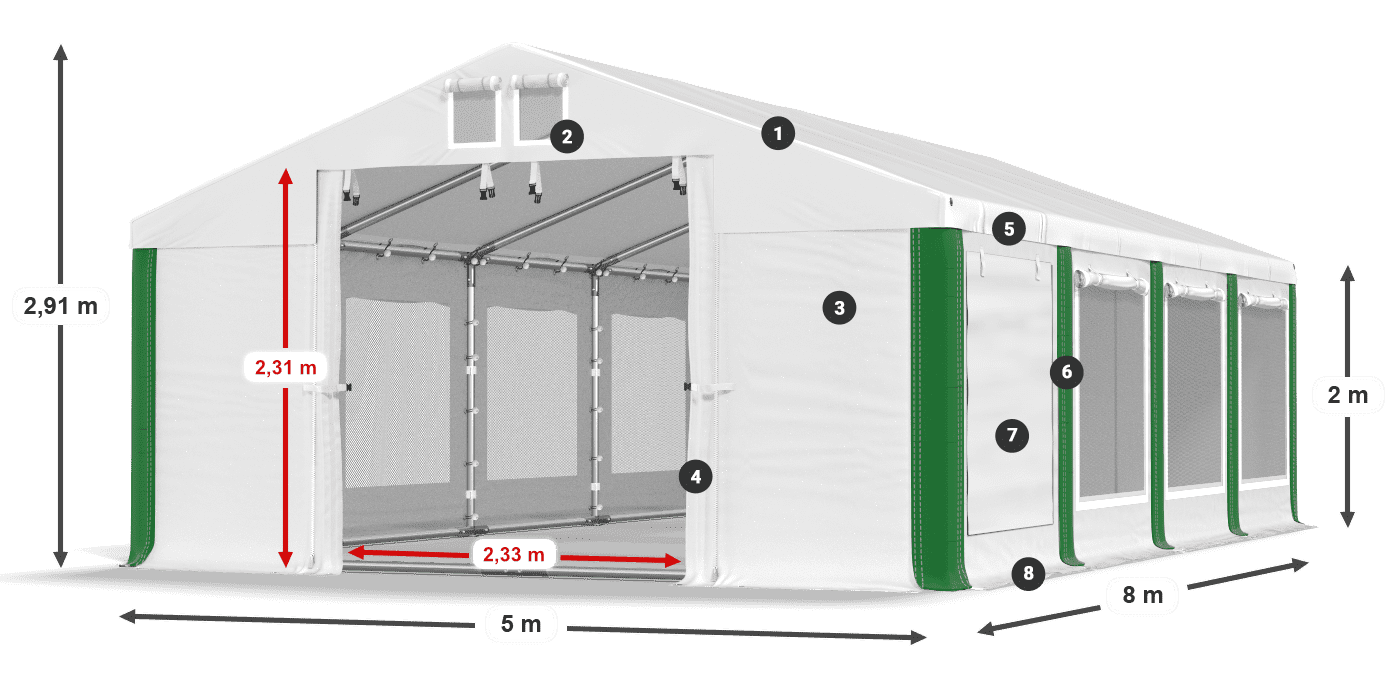 Střecha: FR 620 PVC Stěny: SD 500 PVC 2m legenda