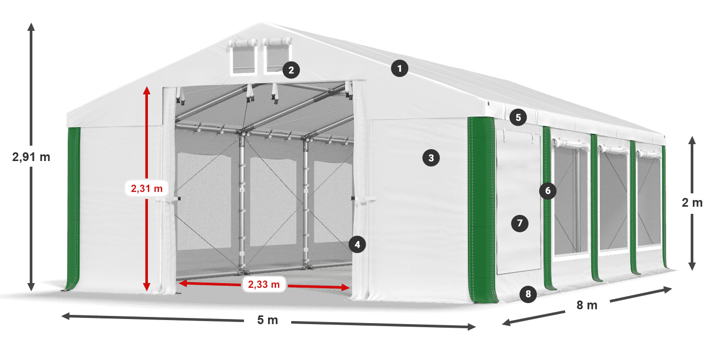 Střecha: FR 620 PVC Stěny: SD 500 PVC 2m legenda