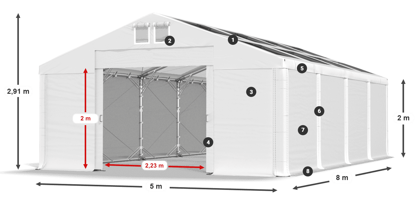 Střecha: MS T 580 PVC Stěny: FR 620 PVC 2m legenda
