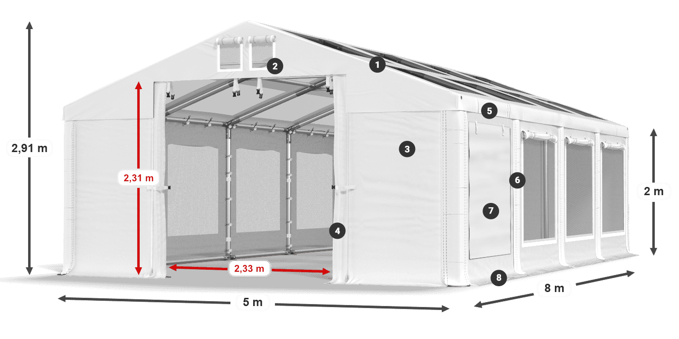 Střecha: MS T 580 PVC Stěny: SDM 500 PVC 2m legenda