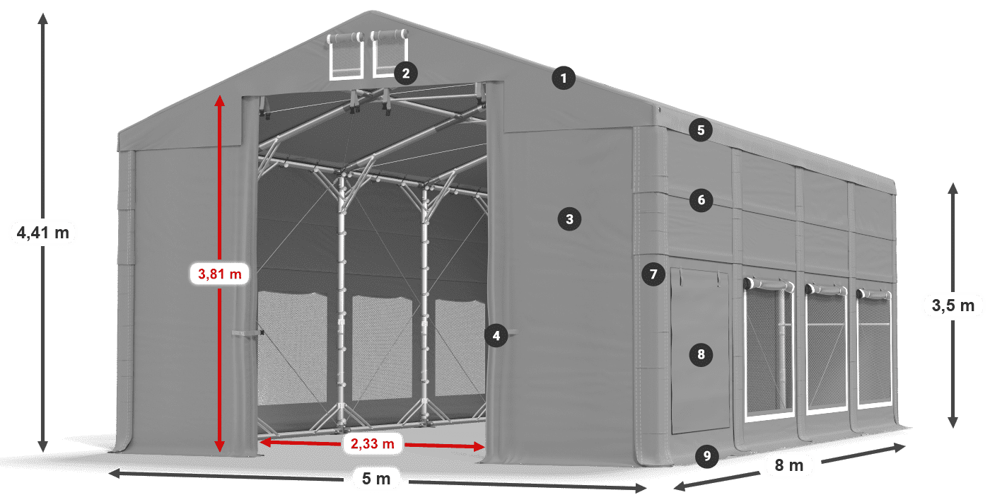 Střecha: FR 620 PVC Stěny: SD 500 PVC 3,5m legenda