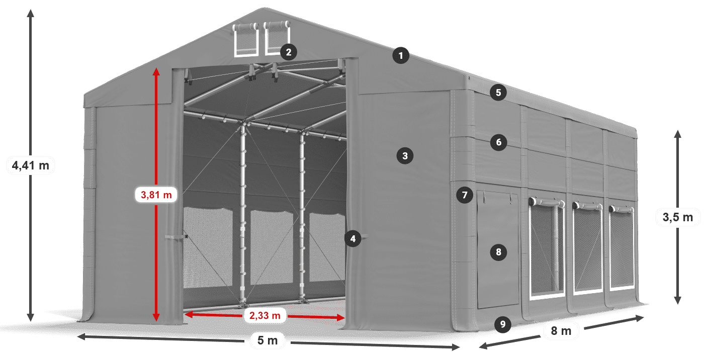 Střecha: FR 620 PVC Stěny: SD 500 PVC 3,5m legenda