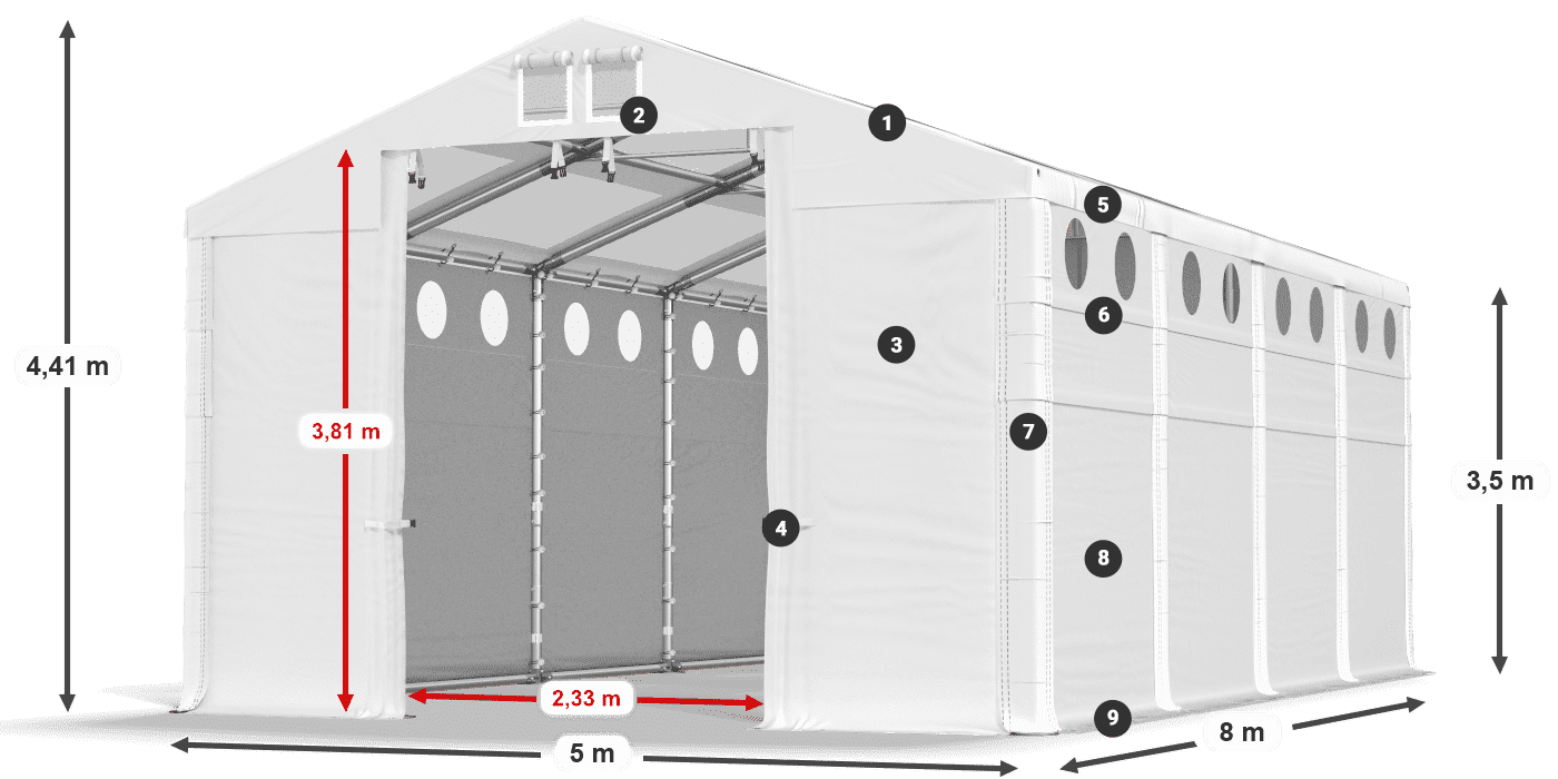 Střecha: MS T 580 PVC Stěny: SD O 500 PVC 3,5m legenda