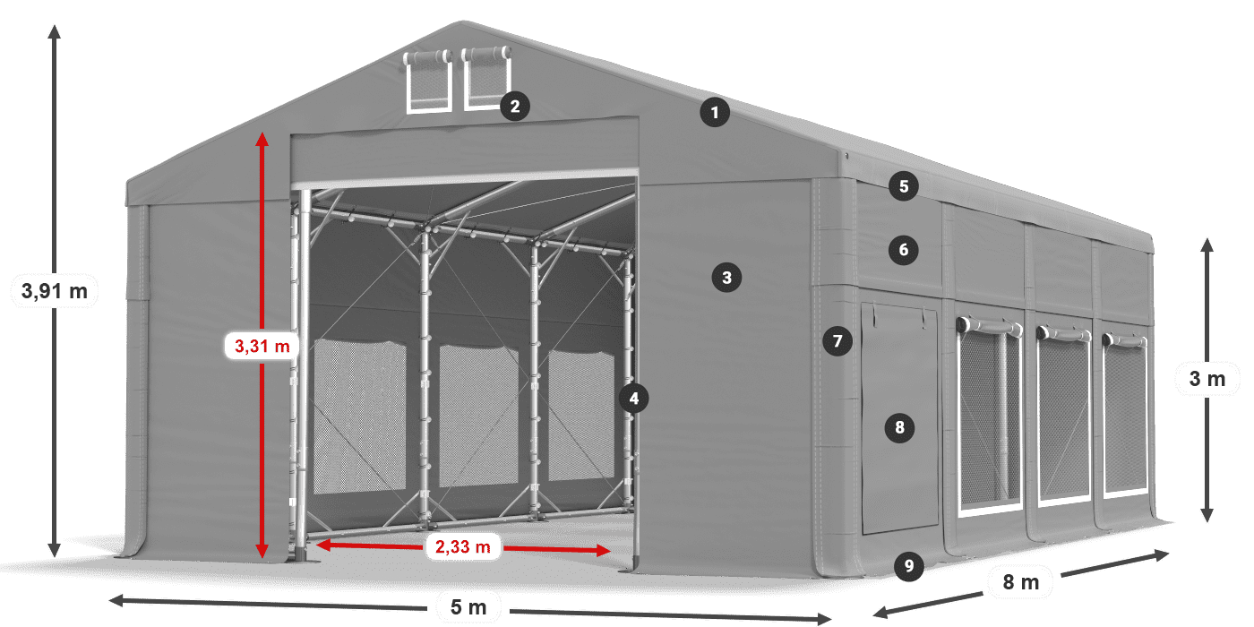 Střecha: FR 620 PVC Stěny: SD 500 PVC 3m legenda