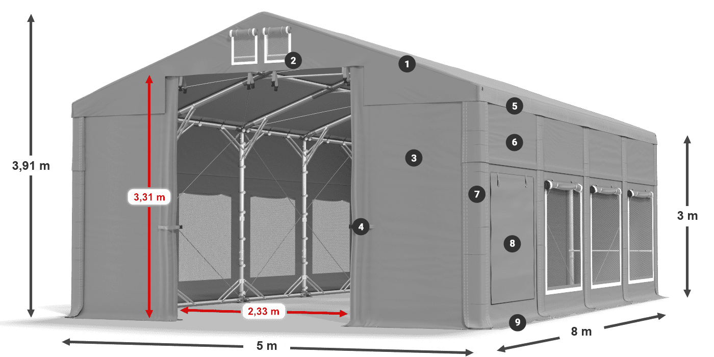 Střecha: FR 620 PVC Stěny: SD 500 PVC 3m legenda