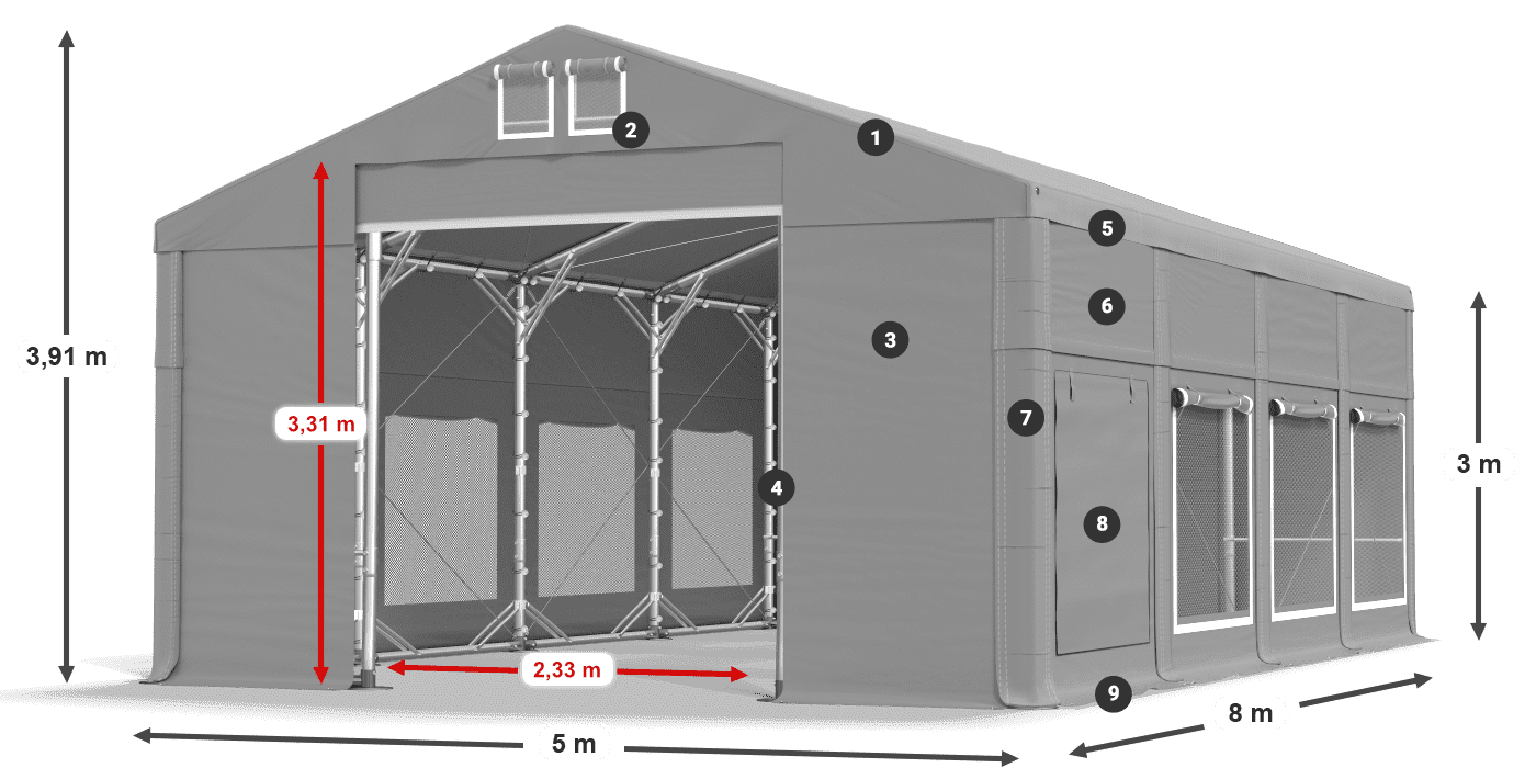 Střecha: FR 620 PVC Stěny: SD 500 PVC 3m legenda