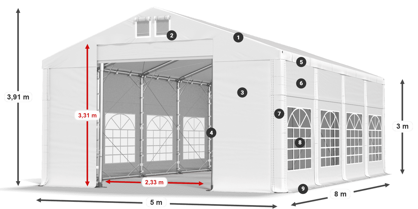 Střecha: MS 580 PVC Stěny: FR 620 PVC 3m legenda