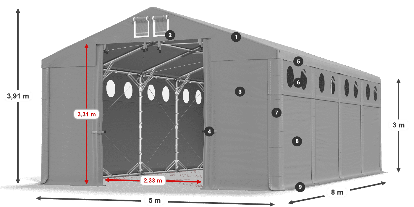 Střecha: MS 580 PVC Stěny: FR O 620 PVC 3m legenda