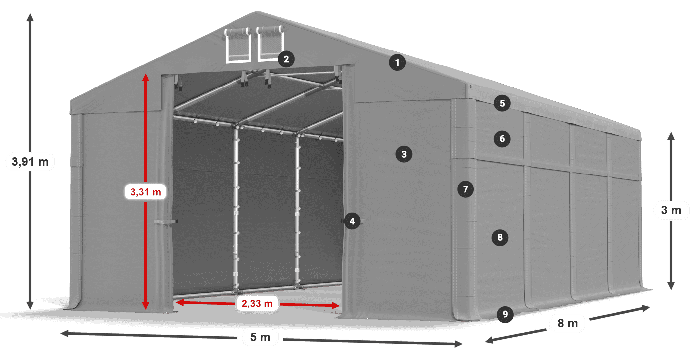 Střecha: MS 580 PVC Stěny: FR 620 PVC  3m legenda