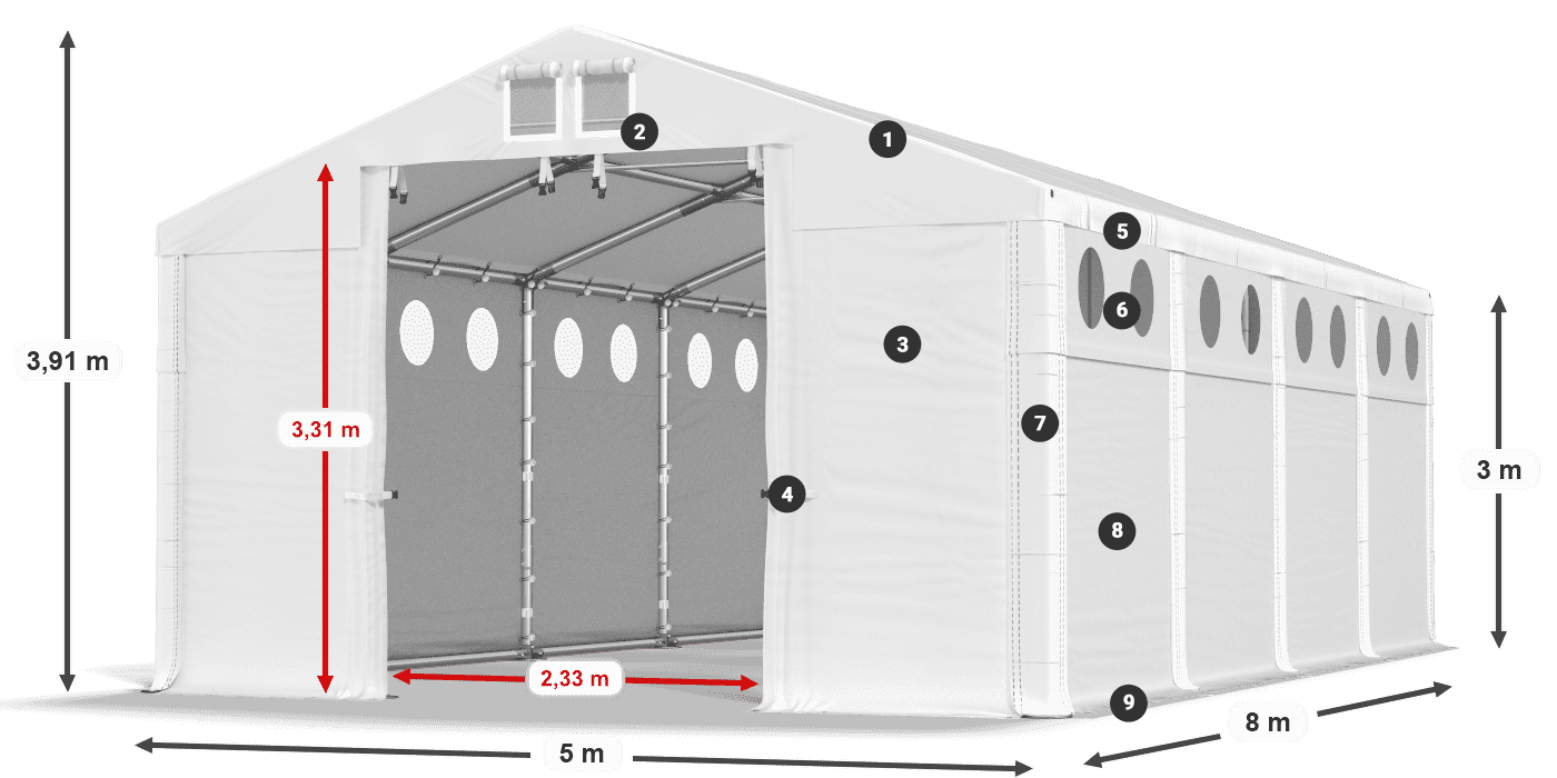 Střecha: MS 580 PVC Stěny: FR O 620 PVC 3m legenda