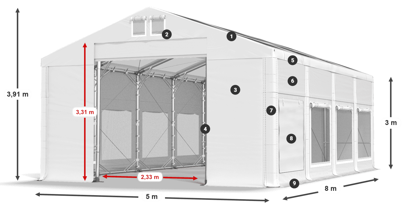 Střecha: MS T 580 PVC Stěny: SD M 500 PVC 3m legenda