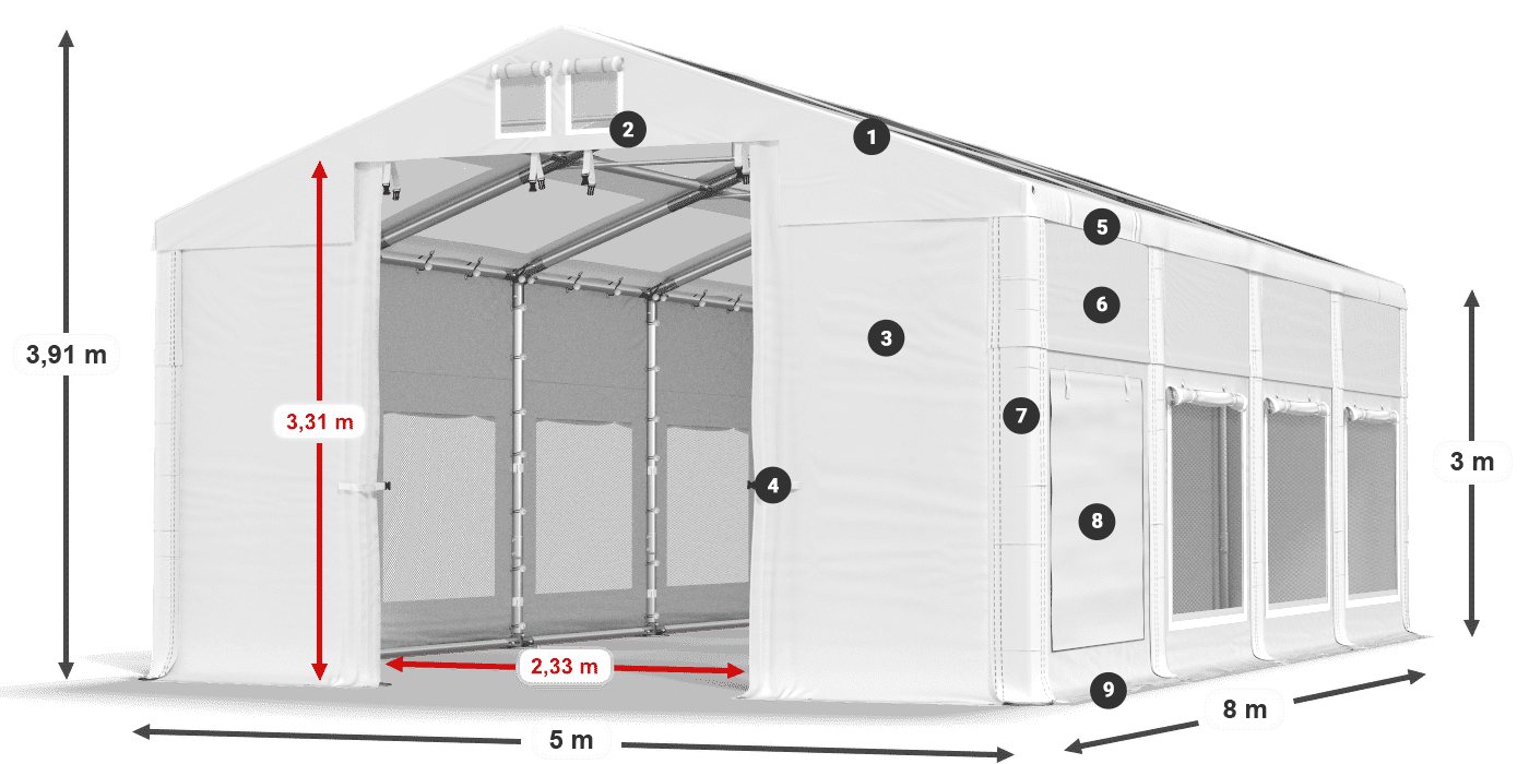 Střecha: MS T 580 PVC Stěny: SD M 500 PVC 3m legenda