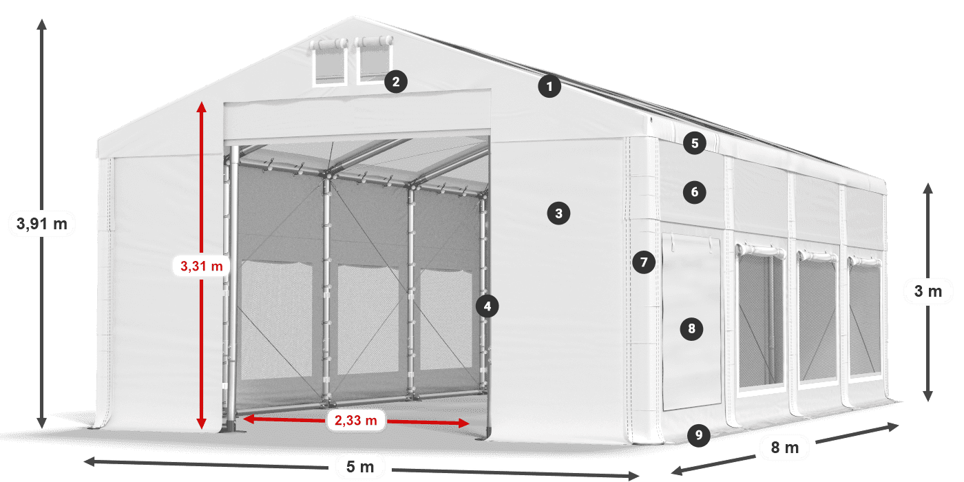 Střecha: MS T 580 PVC Stěny: SD M 500 PVC 3m legenda