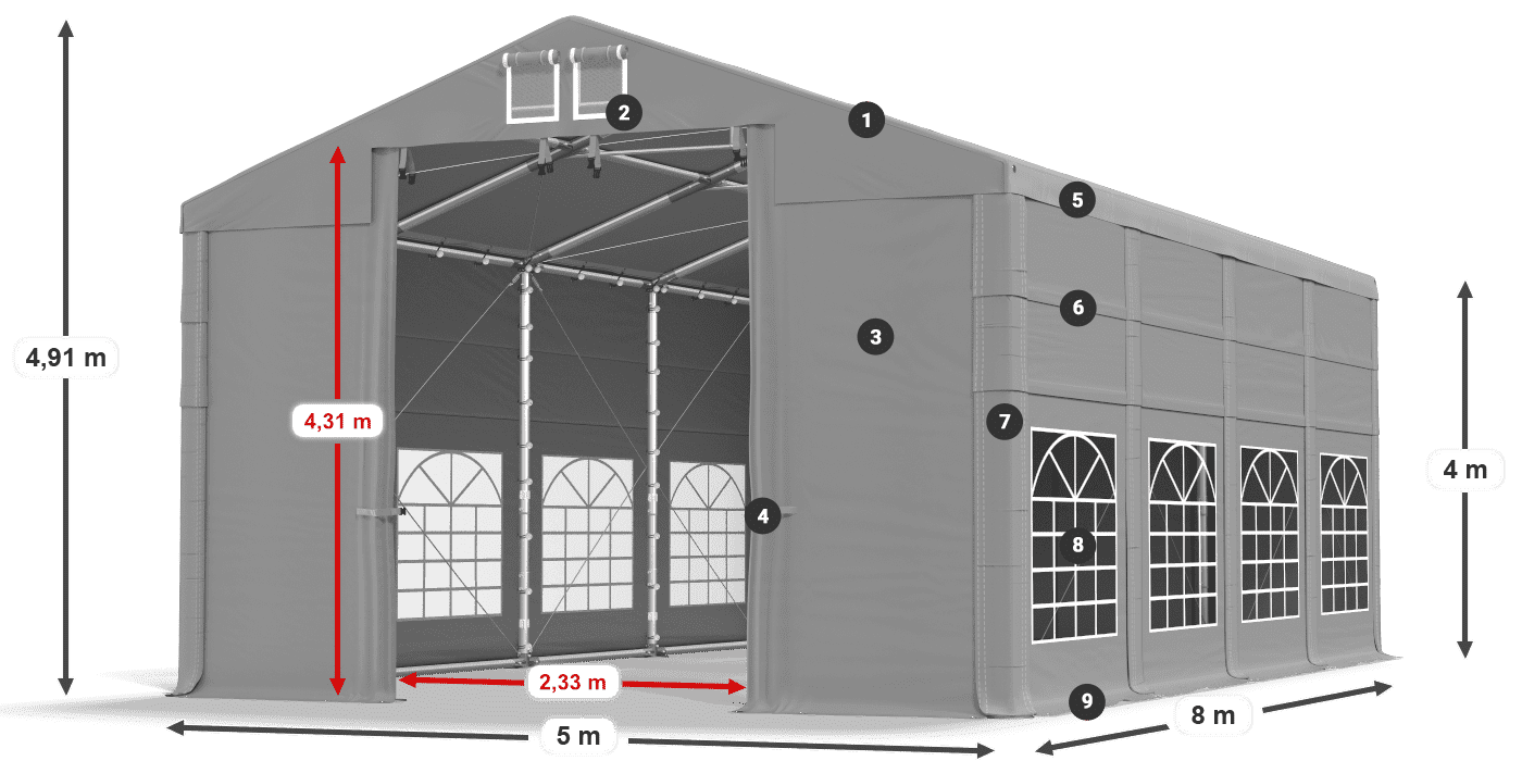 Střecha: FR 620 PVC Stěny: SD 500 PVC 4m legenda