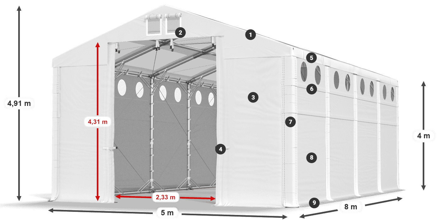 Střecha: MS T 580 PVC Stěny: SD O 500 PVC 4m legenda
