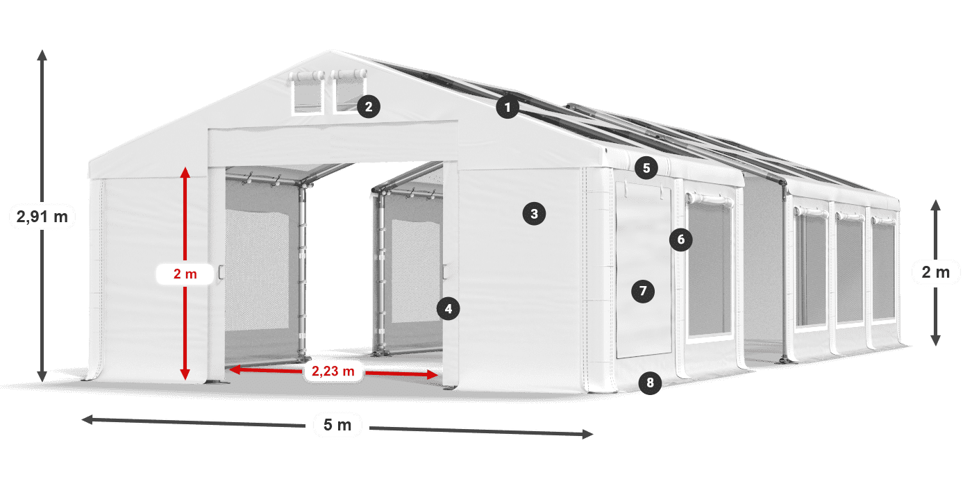 Střecha: MS T 580 PVC Stěny: SDM 500 PVC 2m legenda