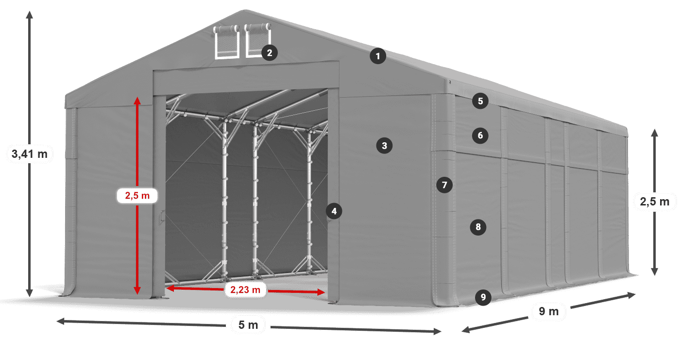 Střecha: FR 620 PVC Stěny: MS 580 PVC 2,5 m legenda