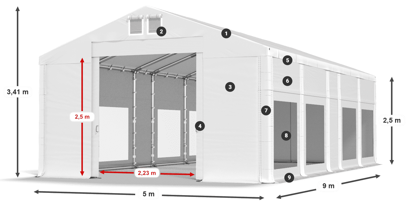 Střecha: FR 620 PVC Stěny: MS 580 PVC 2,5 m legenda