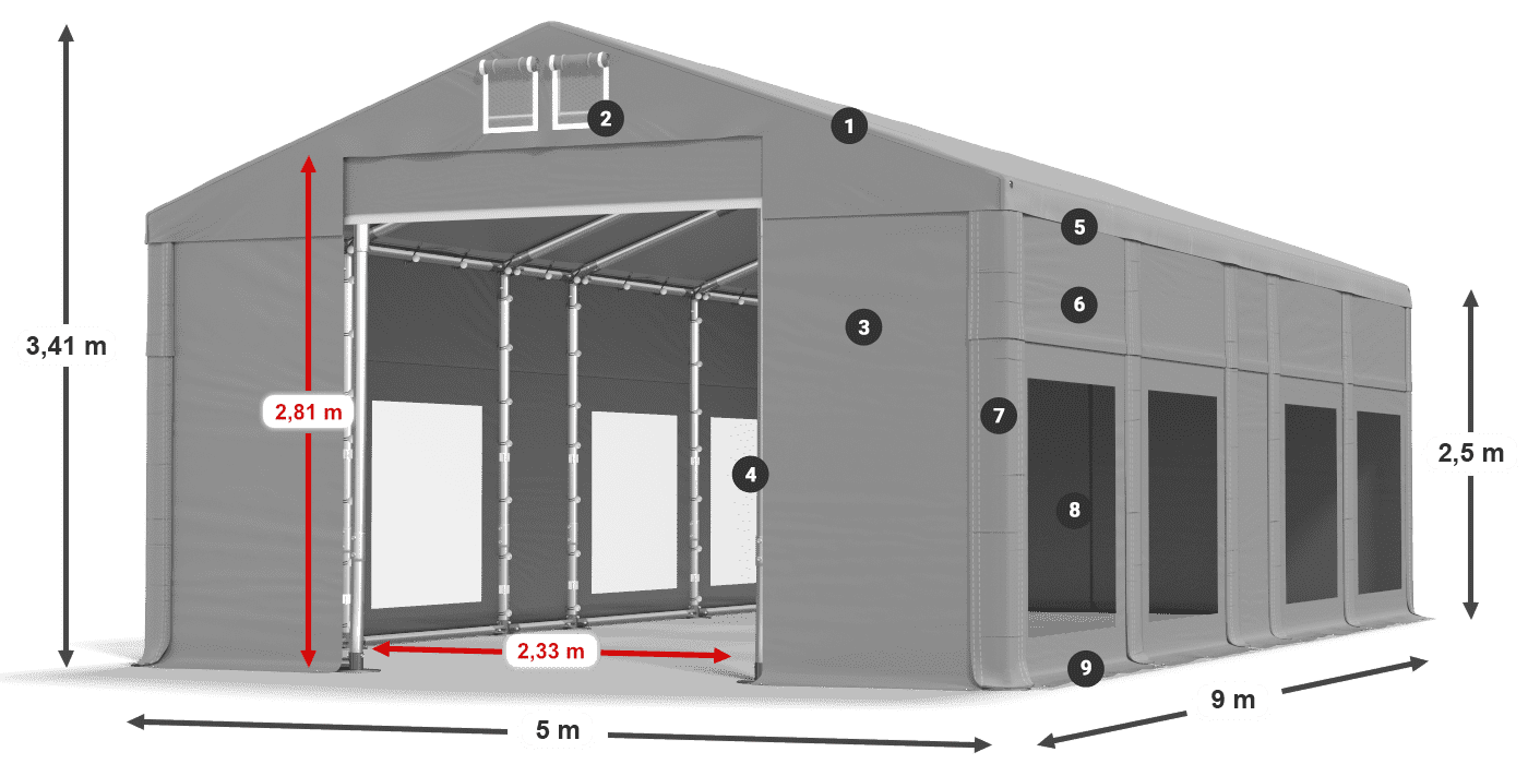Střecha: FR 620 PVC Stěny: MS 580 PVC 2,5 m legenda