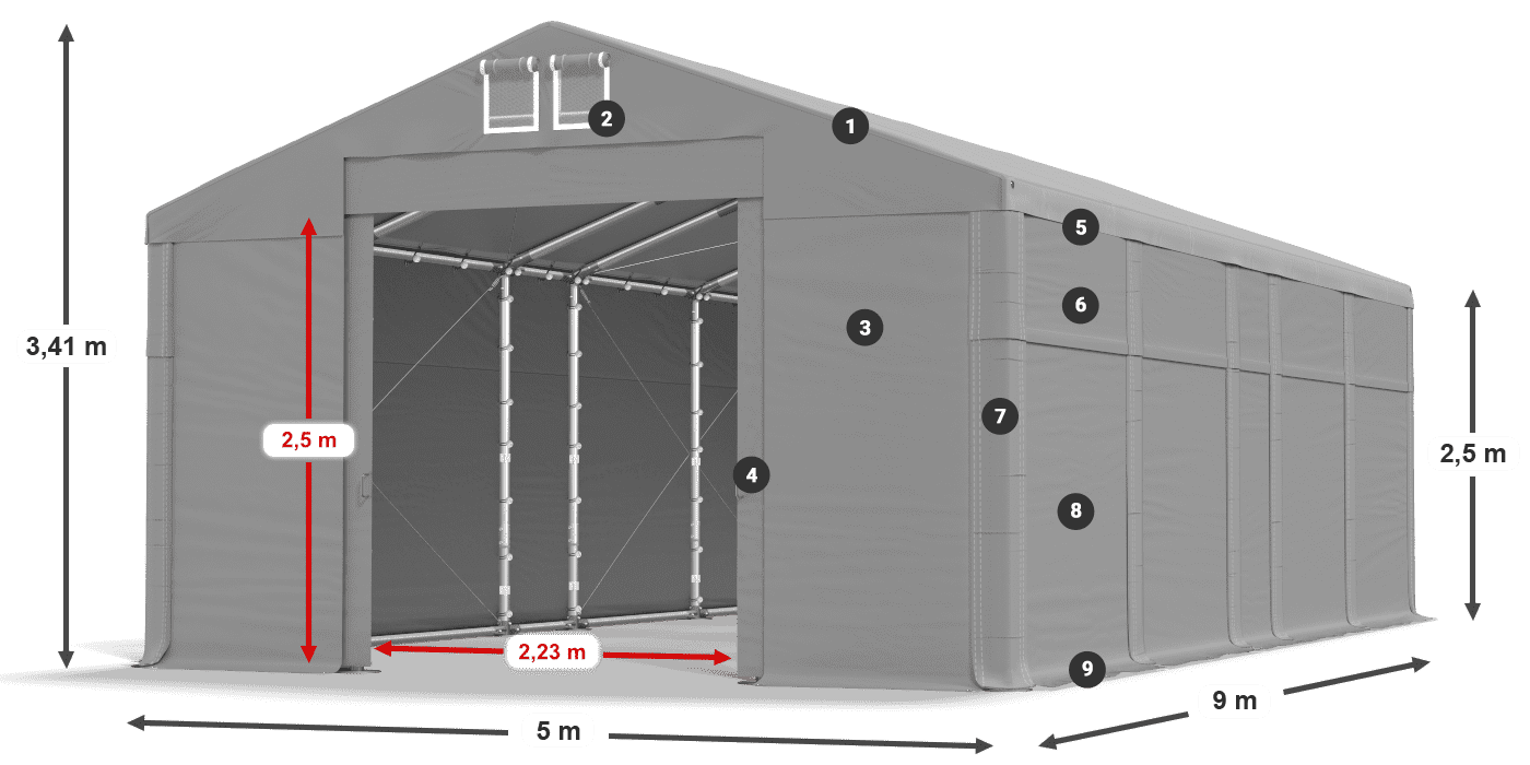 Střecha: FR 620 PVC Stěny: MS 580 PVC 2,5 m legenda