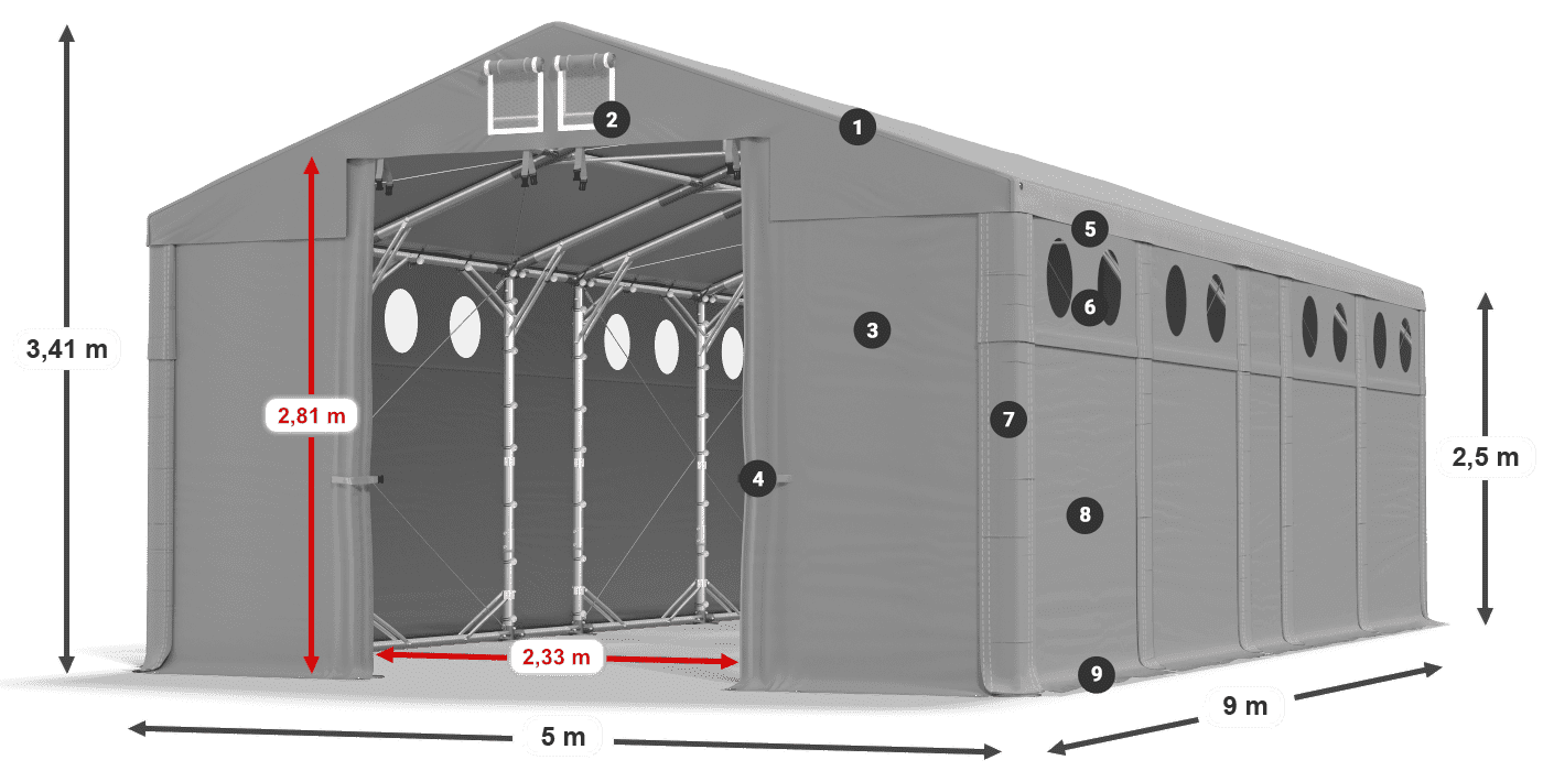 Střecha: FR 620 PVC Stěny: SD O 500 PVC 2,5 m legenda