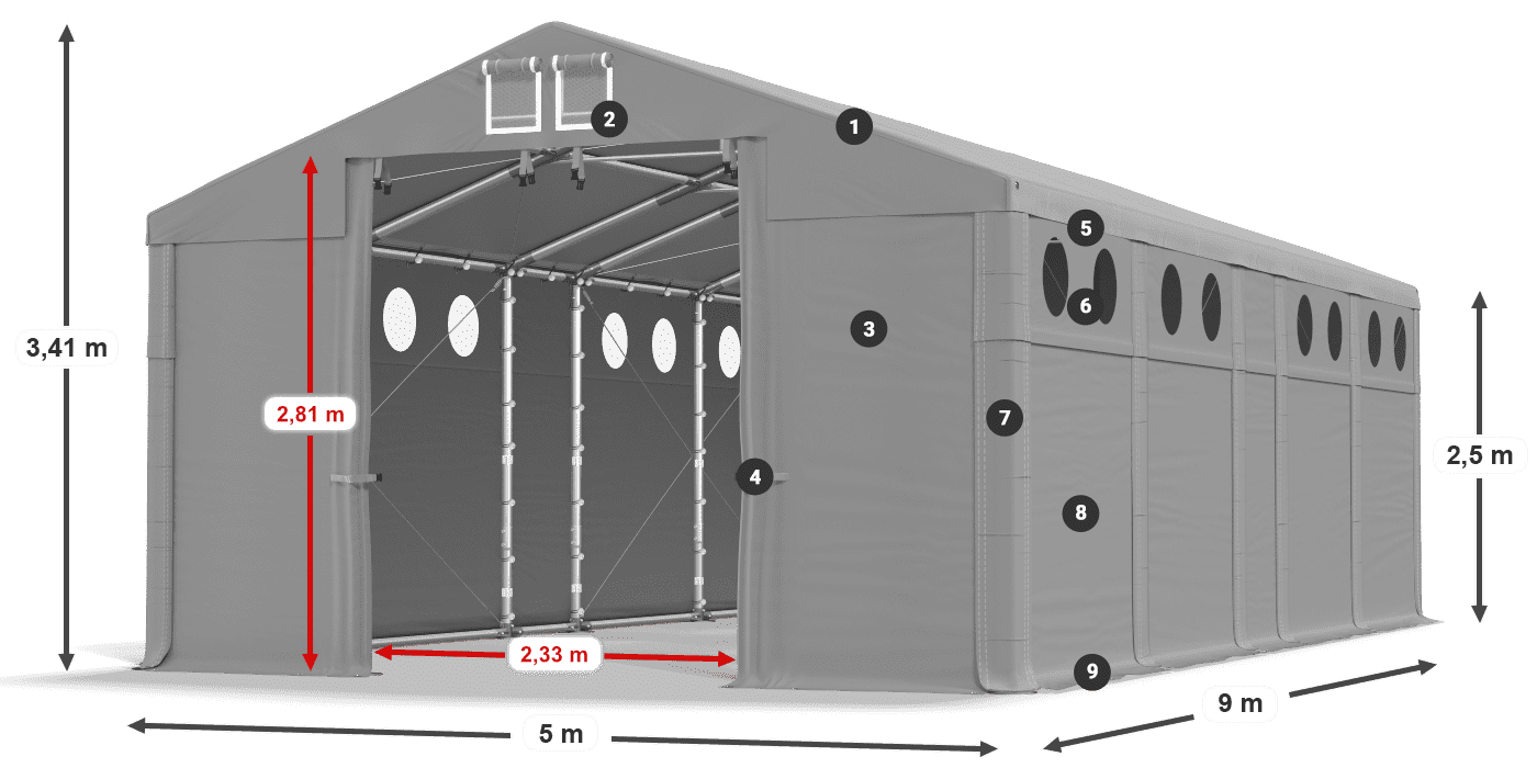 Střecha: FR 620 PVC Stěny: SD O 500 PVC 2,5 m legenda