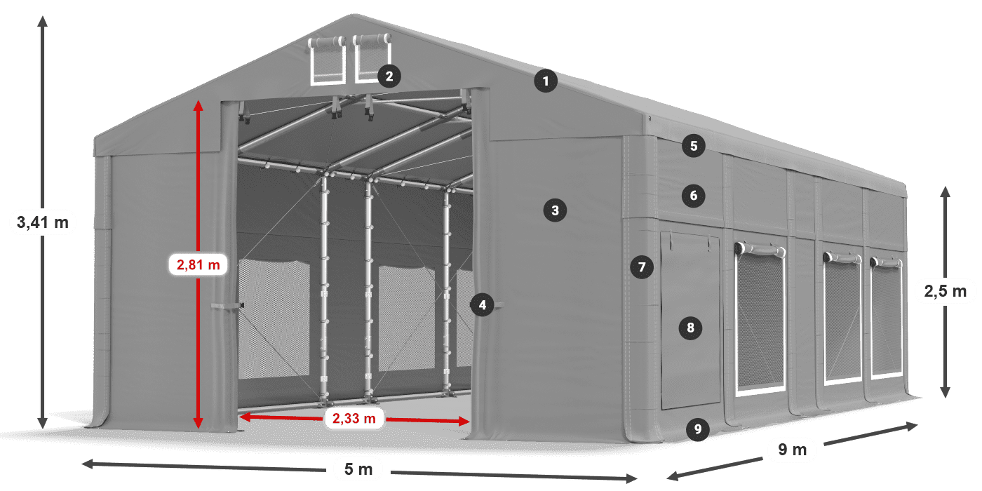 Střecha: FR 620 PVC Stěny: SD 500 PVC 2,5 m legenda