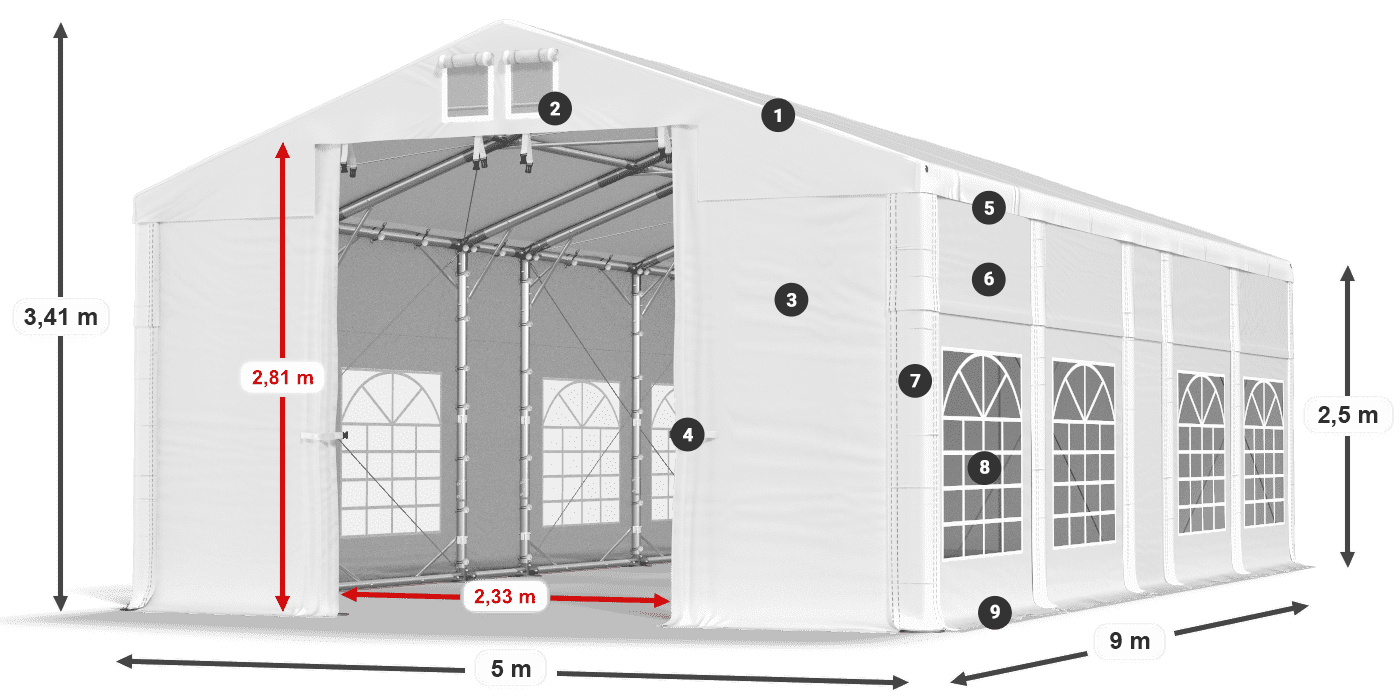 Střecha: MS 580 PVC Stěny: FR 620 PVC 2,5 m legenda