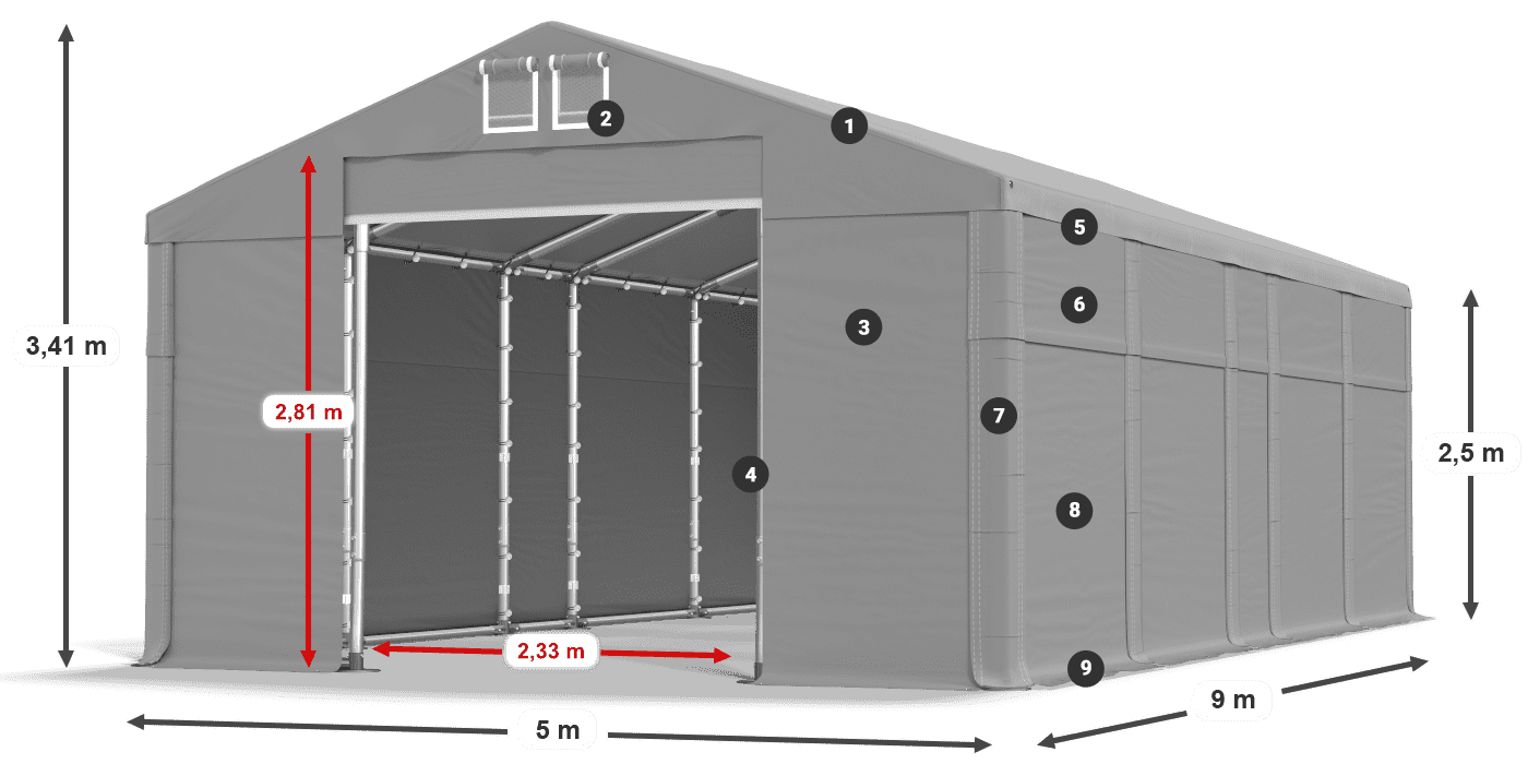 Střecha: MS 580 PVC Stěny: FR 620 PVC 2,5 m legenda