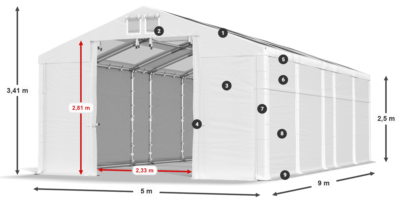 Střecha: MS T 580 PVC Stěny: FR 620 PVC 2,5 m legenda