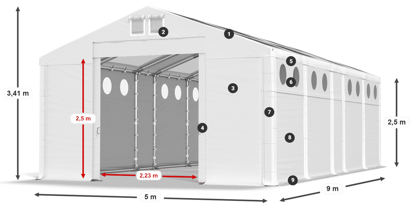 Střecha: MS T 580 PVC Stěny: FR O 620 PVC 2,5 m legenda