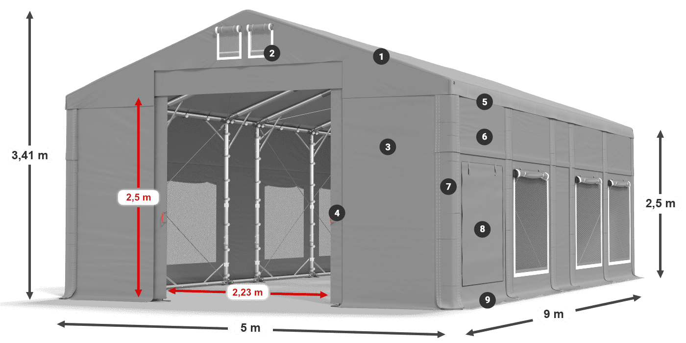 Střecha: MS 580 PVC Stěny: SD M 500 PVC 2,5 m legenda