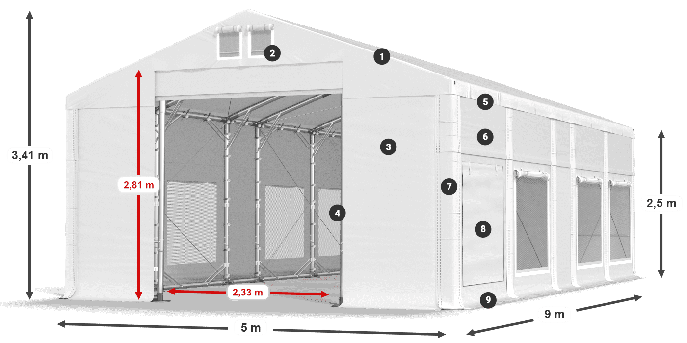 Střecha: MS 580 PVC Stěny: SD M 500 PVC 2,5 m legenda