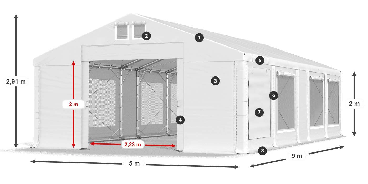 Střecha: FR 620 PVC Stěny: SD 500 PVC 2m legenda