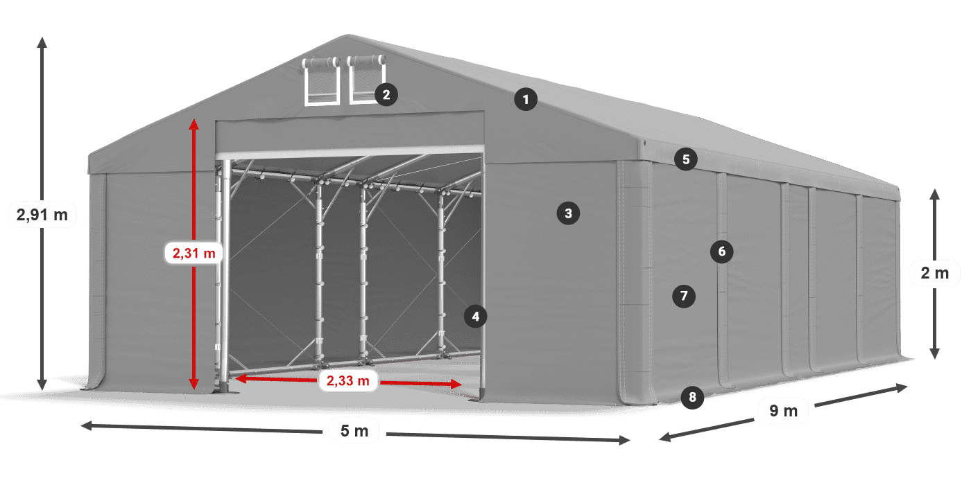 Střecha: MS 580 PVC Stěny: FR M 620 PVC 2m legenda