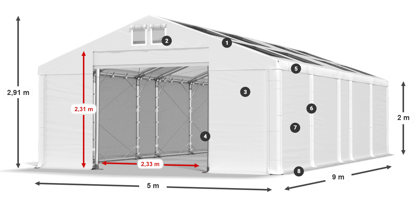 Střecha: MS T 580 PVC Stěny: FR 620 PVC 2m legenda