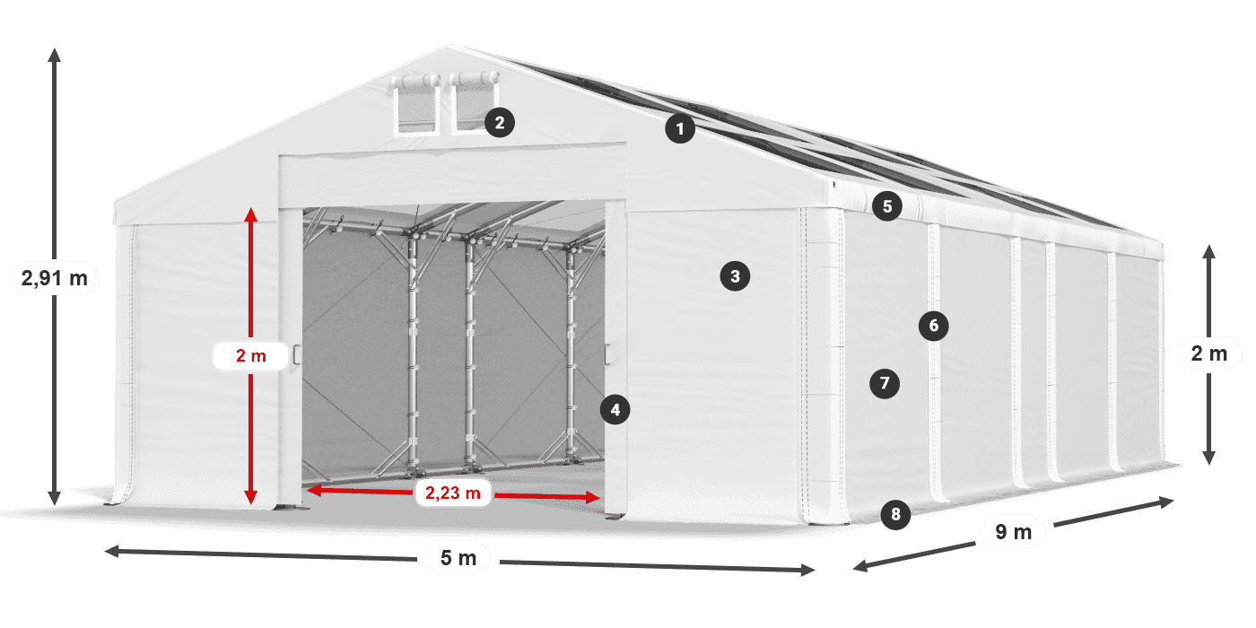 Střecha: MS T 580 PVC Stěny: FR 620 PVC 2m legenda