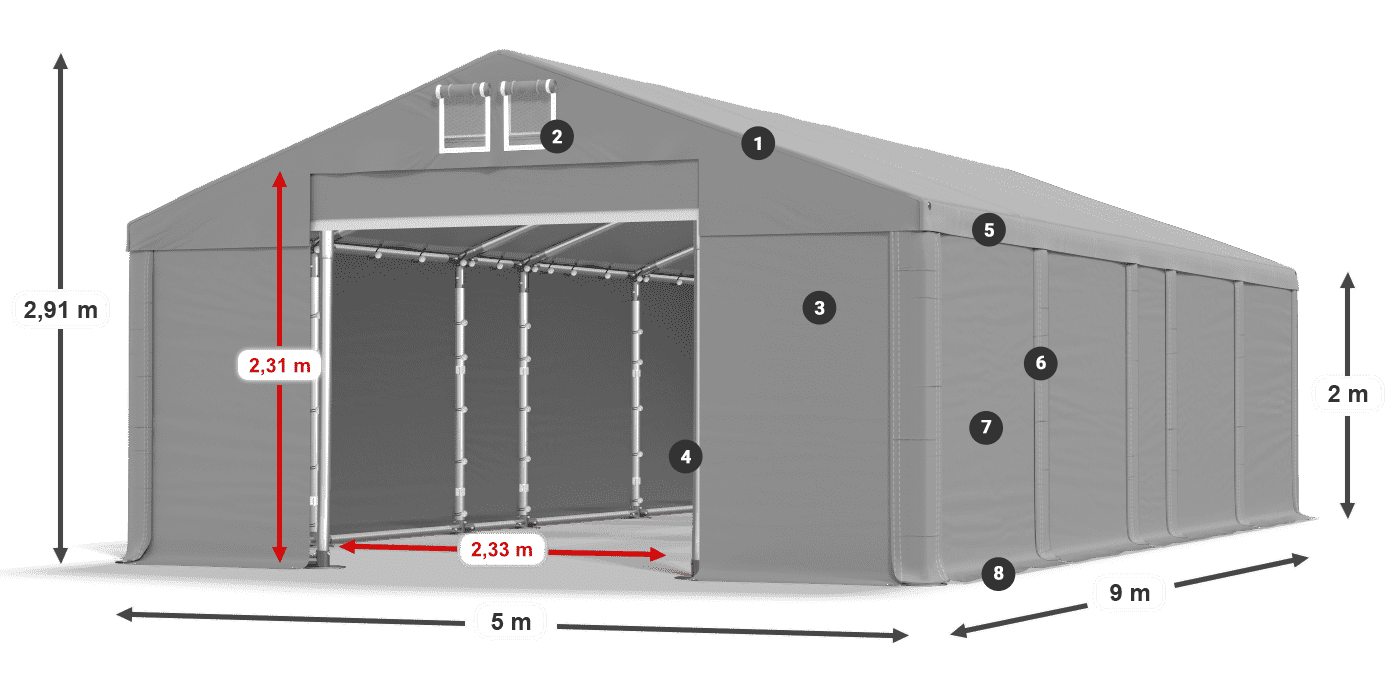 Střecha: MS 580 PVC Stěny: FR M 620 PVC 2m legenda