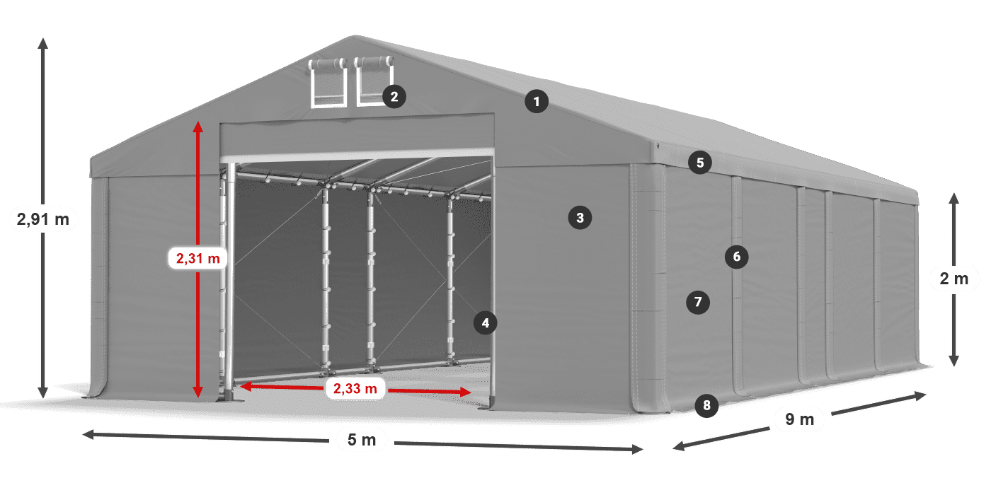 Střecha: MS 580 PVC Stěny: FR M 620 PVC 2m legenda