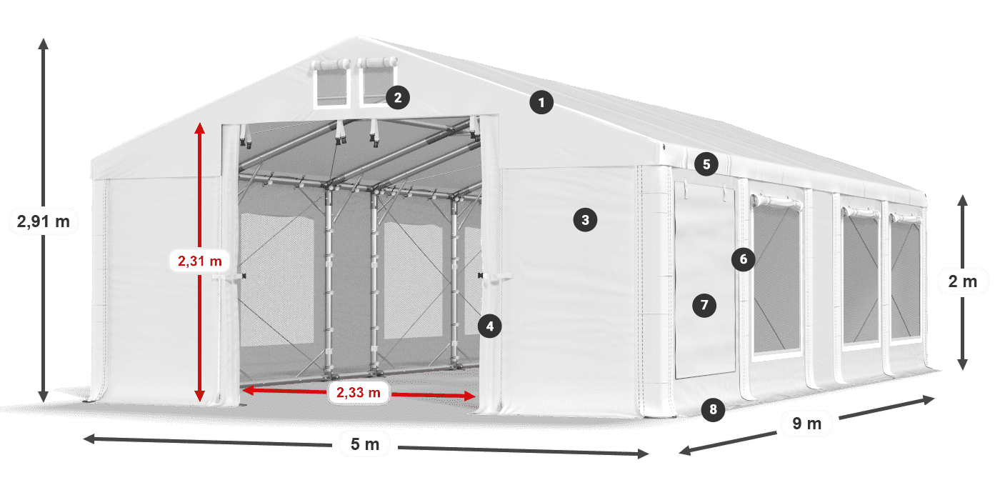 Střecha: MS 580 PVC Stěny: SD M 500 PVC 2m legenda