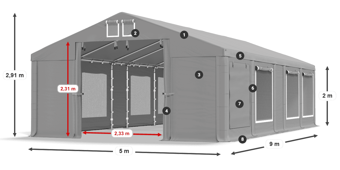 Střecha: MS 580 PVC Stěny: SD M 500 PVC 2m legenda