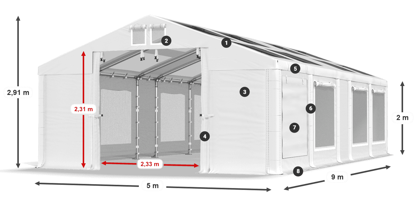 Střecha: MS T 580 PVC Stěny: SDM 500 PVC 2m legenda