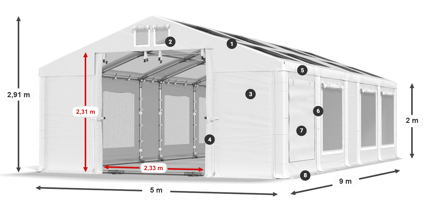 Střecha: MS T 580 PVC Stěny: SDM 500 PVC 2m legenda